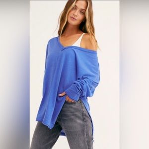 Free People Blue Long-sleeve V-neck Shirt
